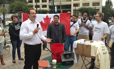 Martin O&#039;Hanlon, Director of CWA-SCA Canada, addressed scores of protesters at a rally hosted by the Atlanta #StopTPP Coalition.